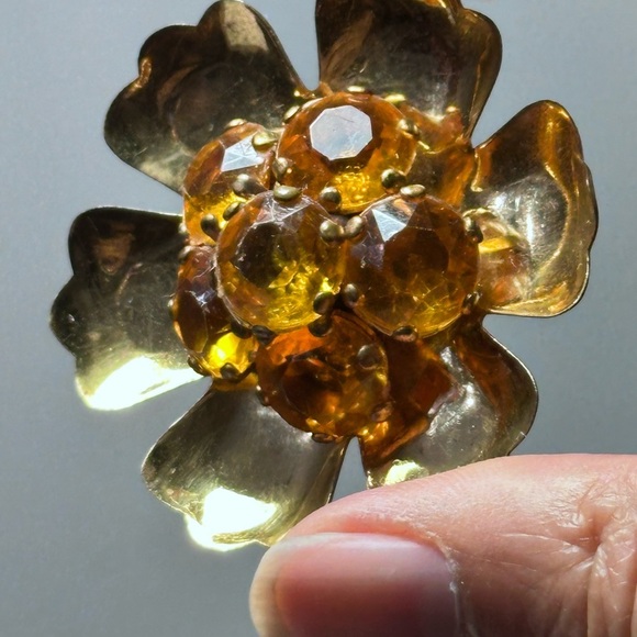 Vintage Gold and Amber Faceted Large Stones Brooch Flower Brass? 5423 B - Picture 7 of 9